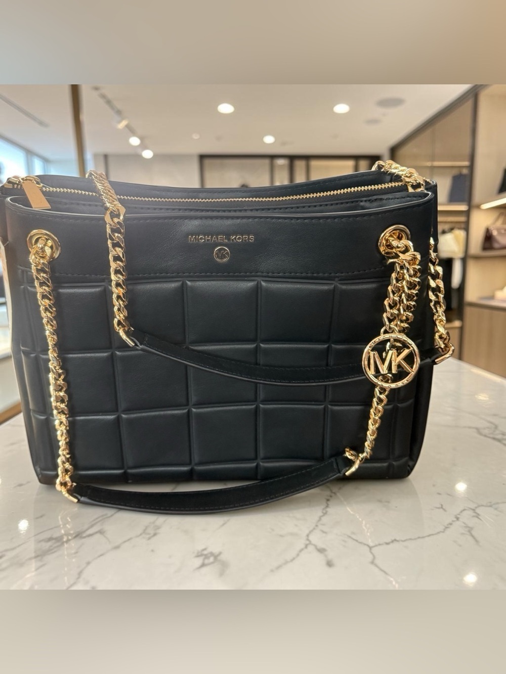 Michael Kors Black Quilted Leather Shoulder Bag with Gold Chain NWT $498